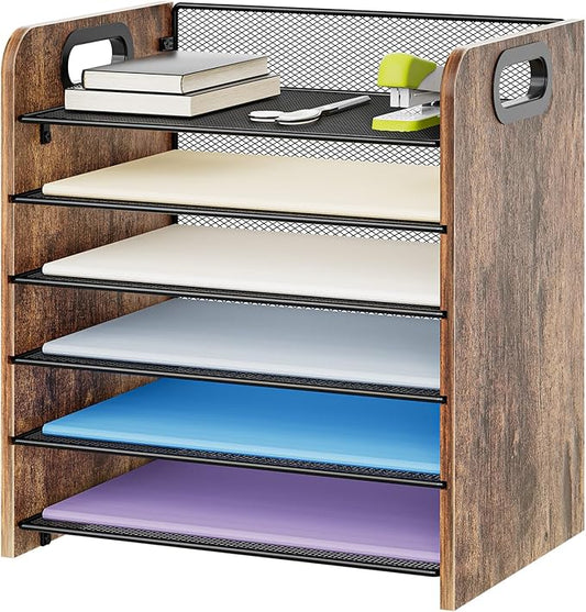 Marbrasse 6 Tier Paper Organizer Letter Tray - Wooden Desk File Organizer with Handle, Paper Sorter Organizer for Letter/A4 Office File Folder Holder