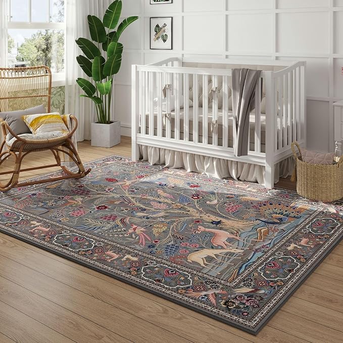 Area Rugs 5x7 Vibrant Tree of Life-Patterned Vintage Washable Area Rug Non Slip Low Pile Large Rugs for Living Room Bedroom Farmhouse Dining Room Kids Playroom, Grey