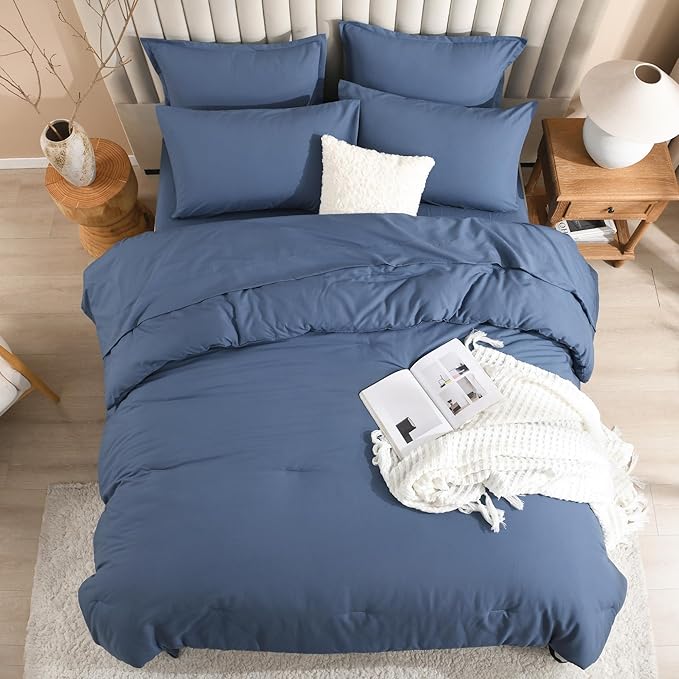 Litanika Full Size Comforter Sets Ocean Blue - 7 Pieces Bed in a Bag Full Bedding Comforter Sets, Solid Lightweight Bed Set with Comforter, Sheets, Pillowcases & Shams