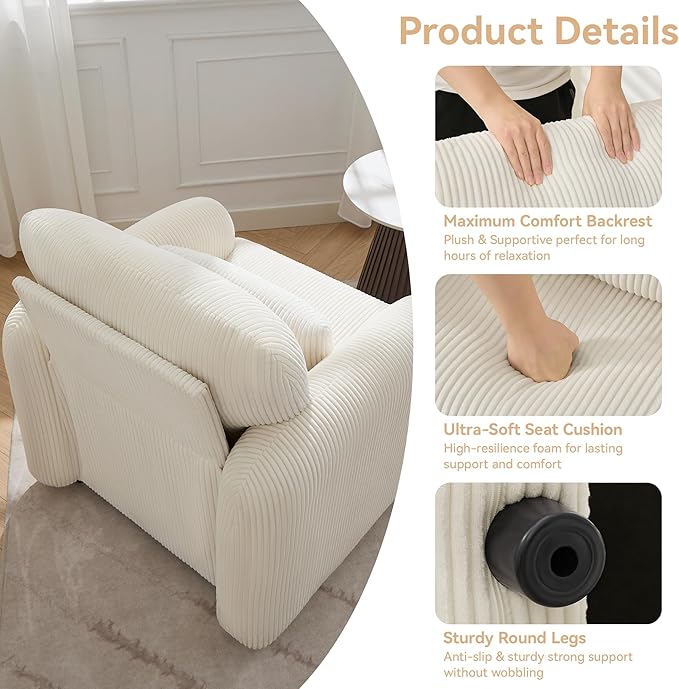 Corduroy Fabric Accent Chair, Modern Upholstered Living Room Chairs with Lumbar Pillow, Wide Comfy Leisure Armchair for Bedroom, Office, Reading, White