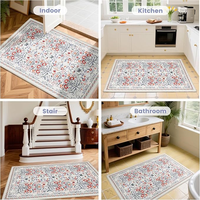 Area Rug Kitchen Rugs, 2X3 Small Washable Rug Floral Modern Kitchen Mats for Floor, Soft Door Mat Indoor Entrance Ultra-Thin, Non-Slip Stain Resistantg Rugs for Entryway, Kitchen, Kids Room, Beige