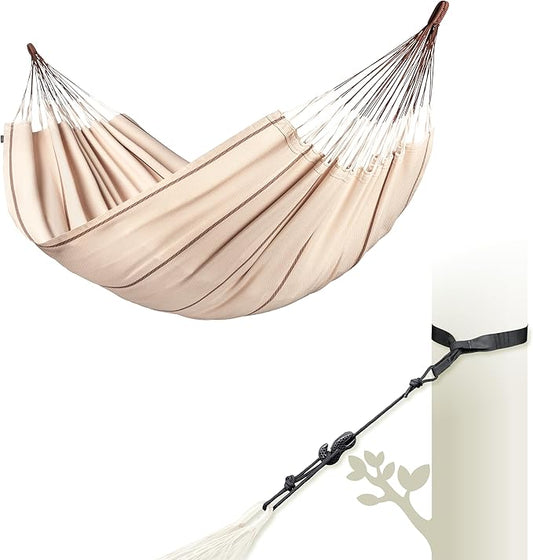 LA SIESTA® Modesta Organic Cotton Hammock & Tree Mount Kit, Beams & Posts Hammock Straps - Indoor Outdoor Hammock Swing, Portable Hammock for Outside Patio Bed - 2 Person Large Double Hammock, Nougat