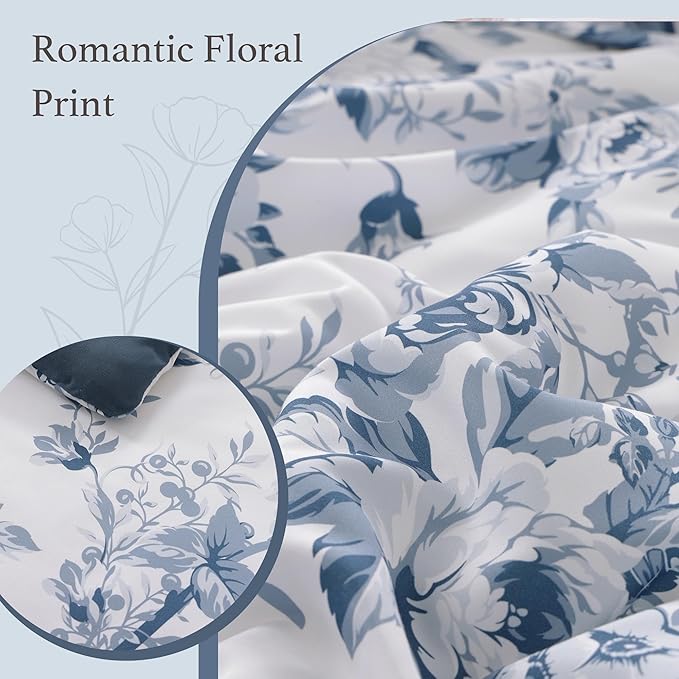 Queen Comforter Set -7 Pieces Floral Blue Comforter Set for All Seasons, Bed in a Bag Queen with Botanical Flowers Comforter, Sheets, Pillowcases & Shams