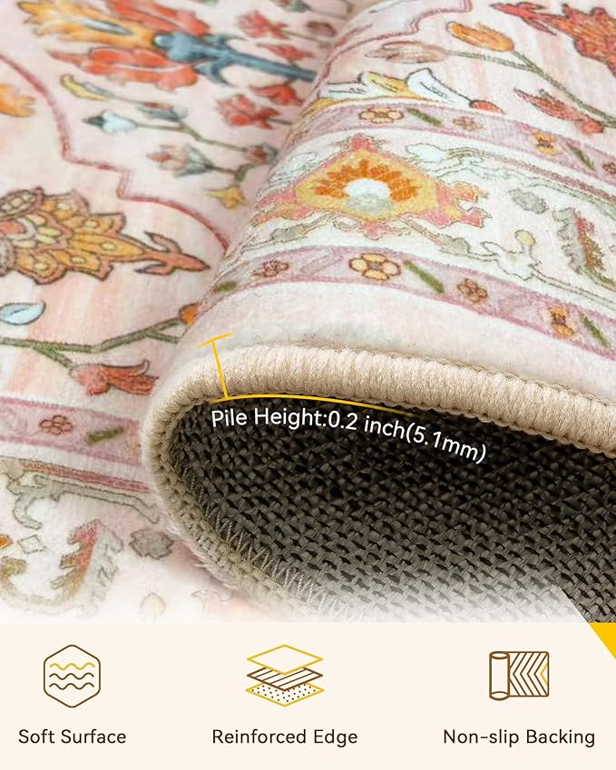 Area Rugs 5'x7' Washable Non-Slip, Floral Vintage Distress Print Pattern Medallion Carpet for Living Room Bedroom Dining Room, Light Pink Colorful