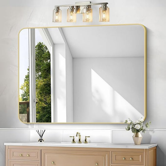 BONEWEI Gold Bathroom Mirror,36x48 inch Wall Mirror for Bathroom Wall Mounted,Round Rectangle Mirror for Bathroom Over Sink,Modern Frame for Home Decor Living Room,Bedroom Entryway,Horizontal/Vertical