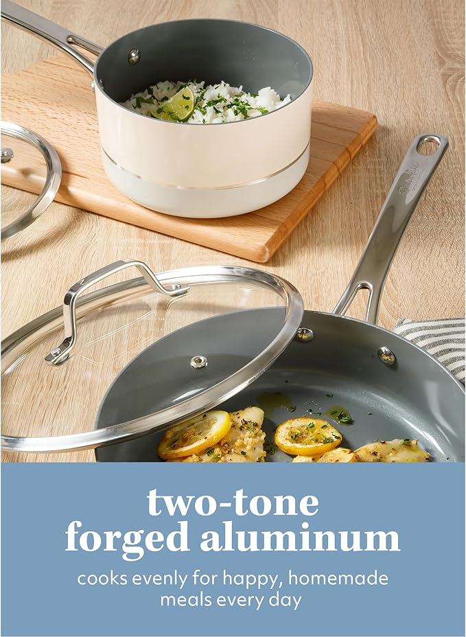 Sur La Table Kitchen Essentials Viva La Cantina 10 Piece PFA Free Titanium Ceramic Nonstick Interior Forged Aluminum Cookware Pots and Pans Set - 2 Tone White & Silver - Induction Compatible