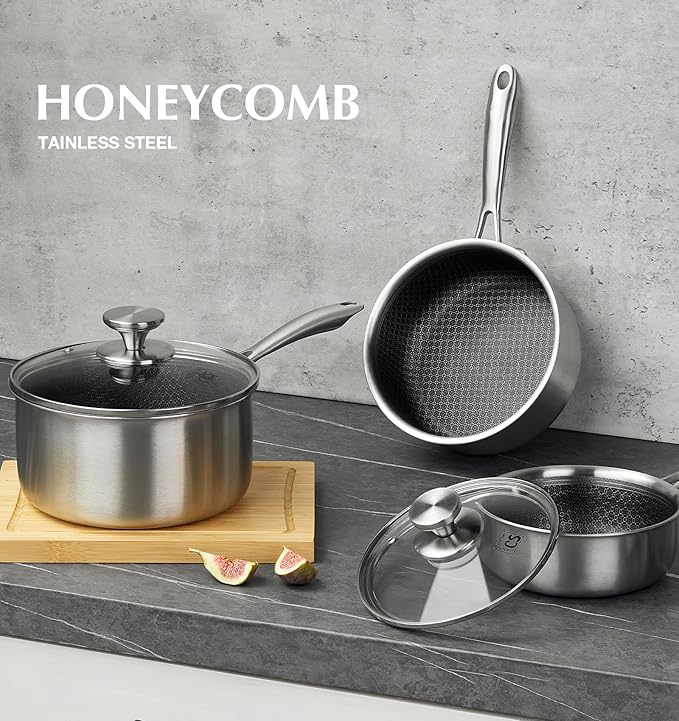 KOCH SYSTEME CS Hybrid Nonstick Stainless Steel Saucepan Set, 1QT & 2QT Triply Stainless Steel Saucepan Set with Hybrid Nonstick Honeycomb Interior, 4-Piece Sauce Pans, Induction Steel Pot Set