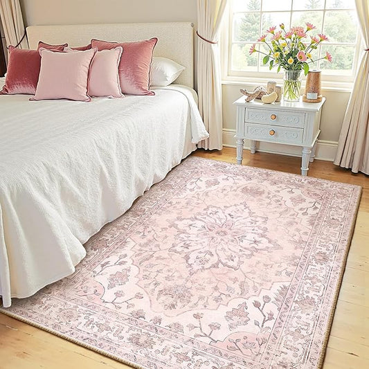 Area Rugs 5'x7' Washable Non-Slip, Floral Vintage Distress Print Pattern Medallion Carpet for Living Room Bedroom Dining Room, Pink Greypink Cute