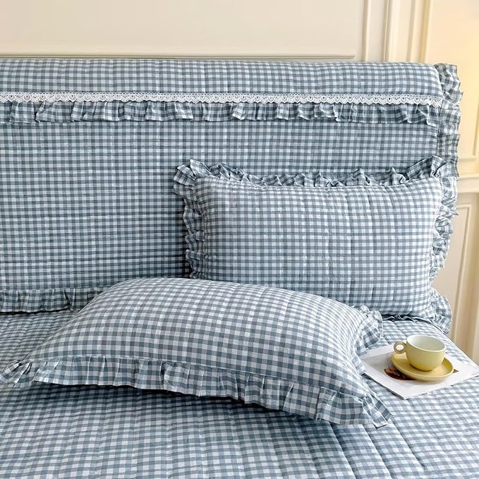mixinni Vintage Blue Gingham Ruffle Comforter Set 3-Piece Washed Cotton King Size Grid Bedding Set with Geometric Checkered Pattern, Farmhouse Chic Soft Fluffy Comforter for All-Season