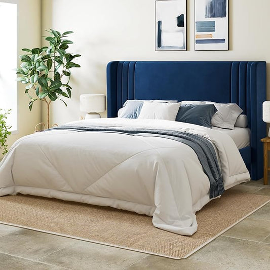 Allewie Queen Size Velvet Platform Bed Frame with Vertical Tufted Wingback Headboard, Easy Assembly, Under Bed Storage, No Box Spring Required, Modern Style, Blue