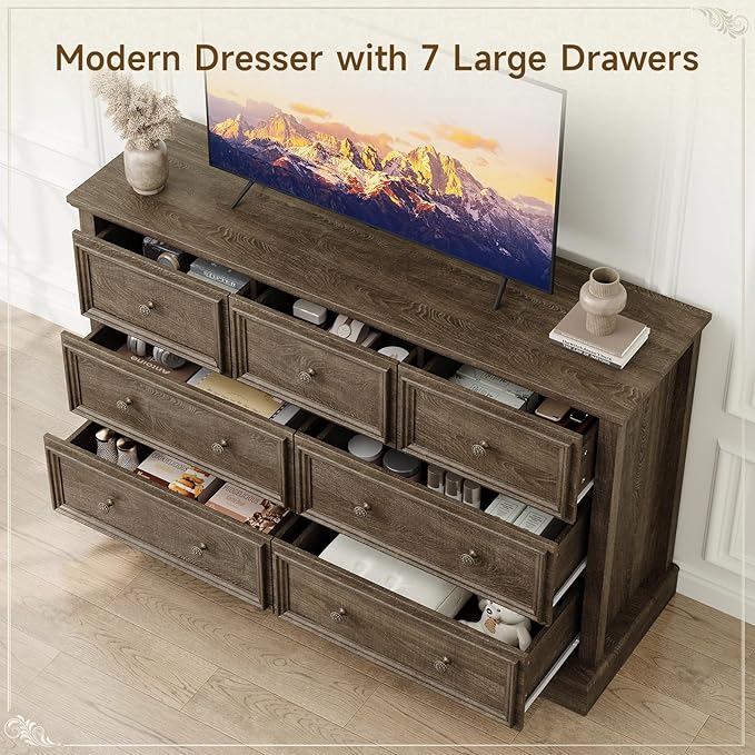 Farmhouse 7 Drawer Dresser for Bedroom, 55" Wide Wood Rustic Chest of Drawers for Bedroom, Storage Dressers Clothes Organizer for Closet, Living Room, Hallway, Dining Room(Rustic Brown)