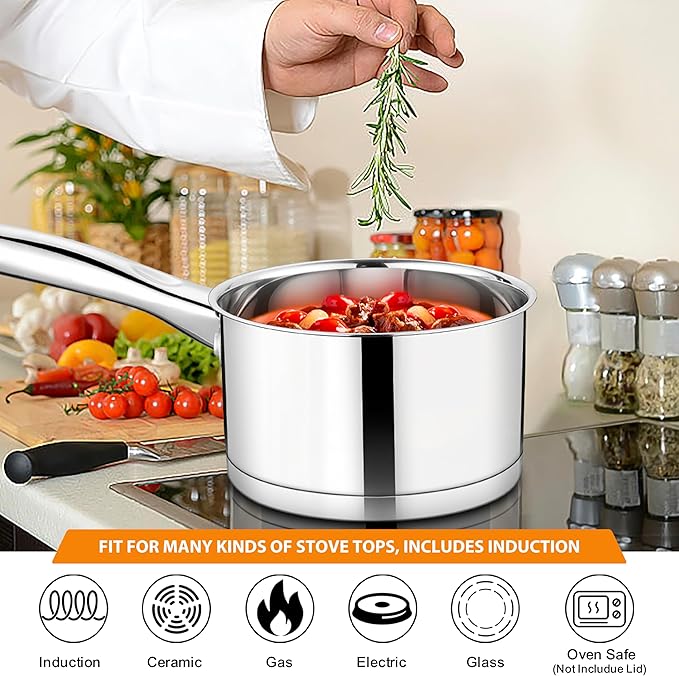 TeamFar Saucepan with Lid, 1QT & 2QT Stainless Steel Sauce Milk Pan with Tri-ply Bottom for Induction/Gas/Electric/Ceramic, Healthy & Heavy Duty, Mirror Finish & Straight Side, Dishwasher Safe