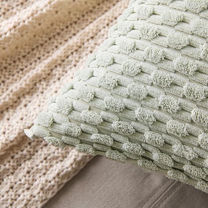 MIULEE Throw Pillow Covers Soft Corduroy Decorative Set of 2 Boho Striped Pillow Covers Pillowcases Farmhouse Home Decor for Couch Bed Sofa Living Room Spring 20x20 Inch Light Green