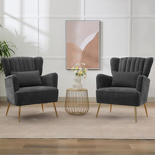 Fabric Accent Living Room Arm Chair Set of 2 Mid Century Modern Chairs with Pillow & Golden Legs, 8.5" Thick Cushion, Upholstered Comfy Sofa Armchair for Reading Room/Bedroom, Grey
