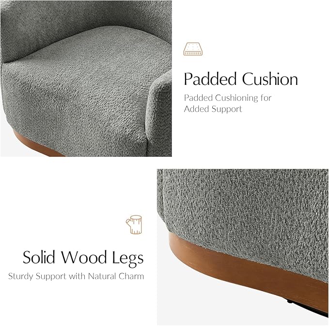 HULALA HOME Chenille Swivel Accent Chair, Fully Assembled, Comfy Upholstery Barrel Armchair with Sturdy Solid Wood Base, Grey