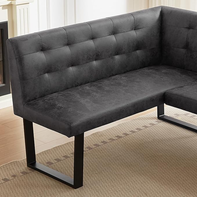 3-Piece Corner Dining Table Set with Bench, 70 Inch Space-Saving Breakfast Nook for Kitchen & Dining Room(Walnut Table & R-Seat Grey Bench)