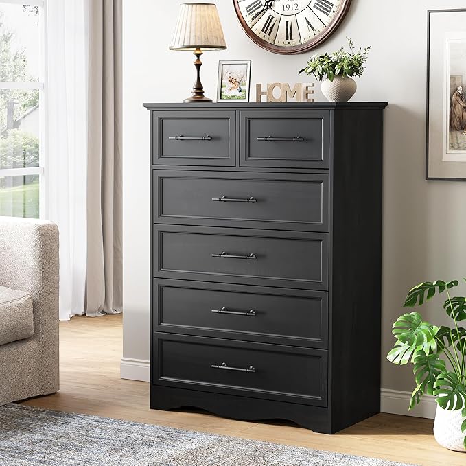 Black Dresser for Bedroom, Modern 6 Chest of Drawers, 44" Tall Chest of Drawers w/Brushed Metal Handle, Wood Closet Organizers and Storage Cabinet for Bedroom, Living Room, Hallway