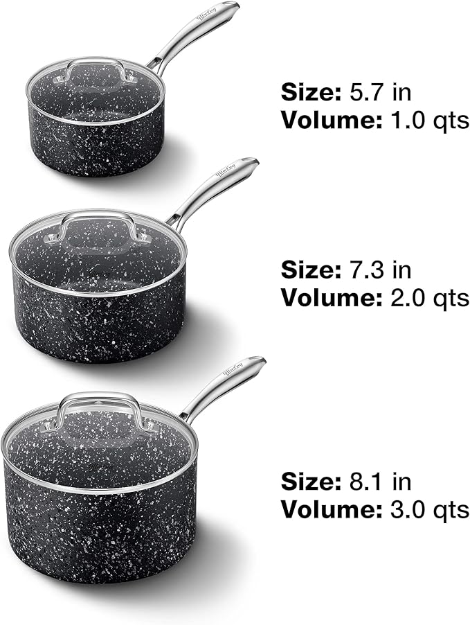 Nonstick Premium 3-Piece Saucepan Set with Glass Lids, Natural Durable Granite Coating, Nonstick, Durable & Oven Safe to 450°F, 1&2&3QT, Black