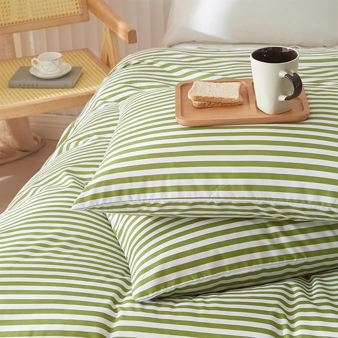 mixinni Striped Comforter Set Full Size - Green White Stripes Pattern Bed Set for All Season, 3 Pieces Lightweight Bedding Sets for All Seasons (1 Soft Fluffy Comforter + 2 Pillowcases)