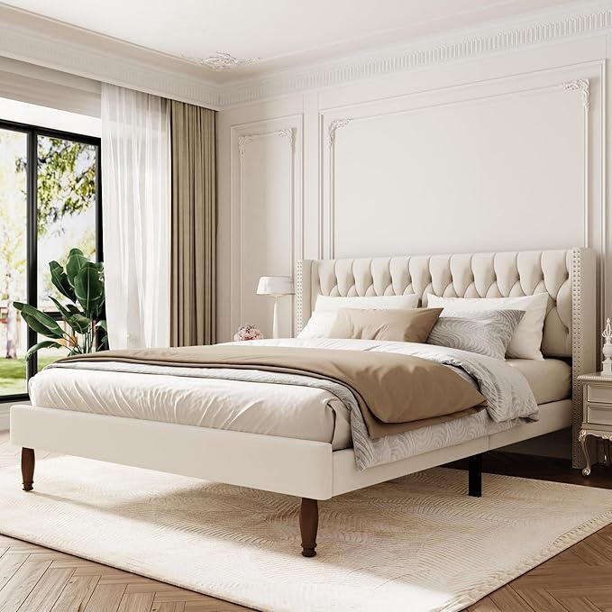 King Size Velvet Upholstered Bed Frame, 49.2" Tall Wingback Headboard, Deep Button Tufted, No Box Spring Needed, Solid Wood Legs, White