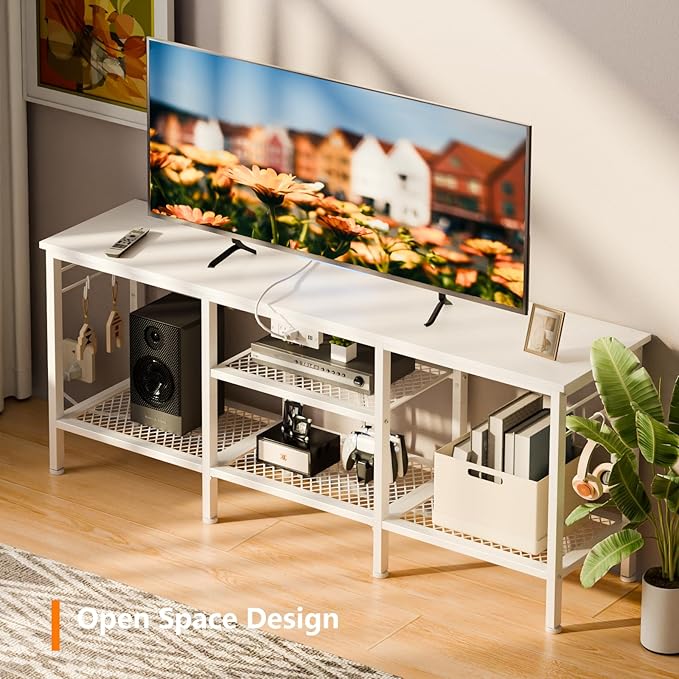 Furologee TV Stand with Power Outlets, Entertainment Center with Open Storage Shelves for TVs up to 55 Inch, TV Media Console Table with Soundbar Shelf for Living Room, Bedroom, White