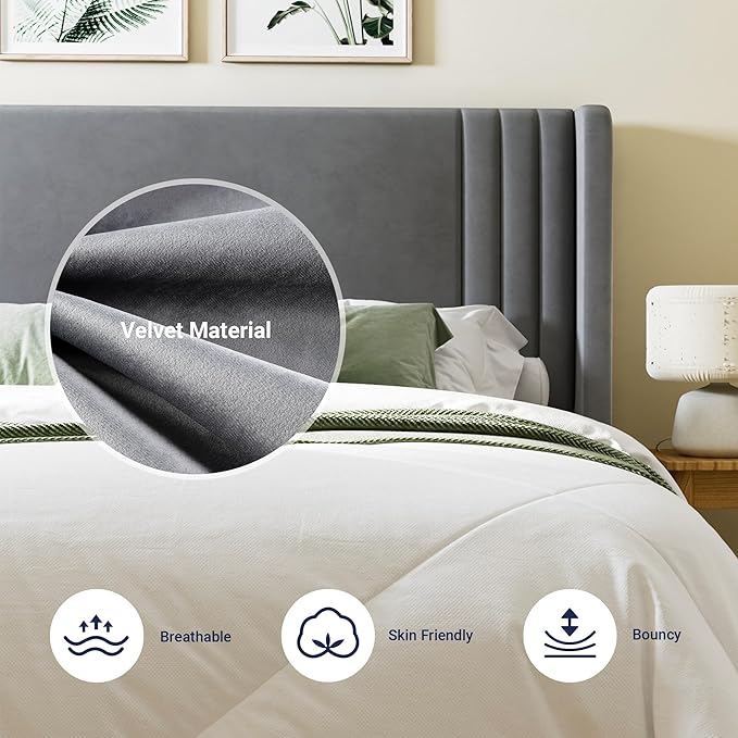 Allewie Full Size Velvet Platform Bed Frame with Vertical Tufted Wingback Headboard, Easy Assembly, Under Bed Storage, No Box Spring Required, Modern Style, Grey