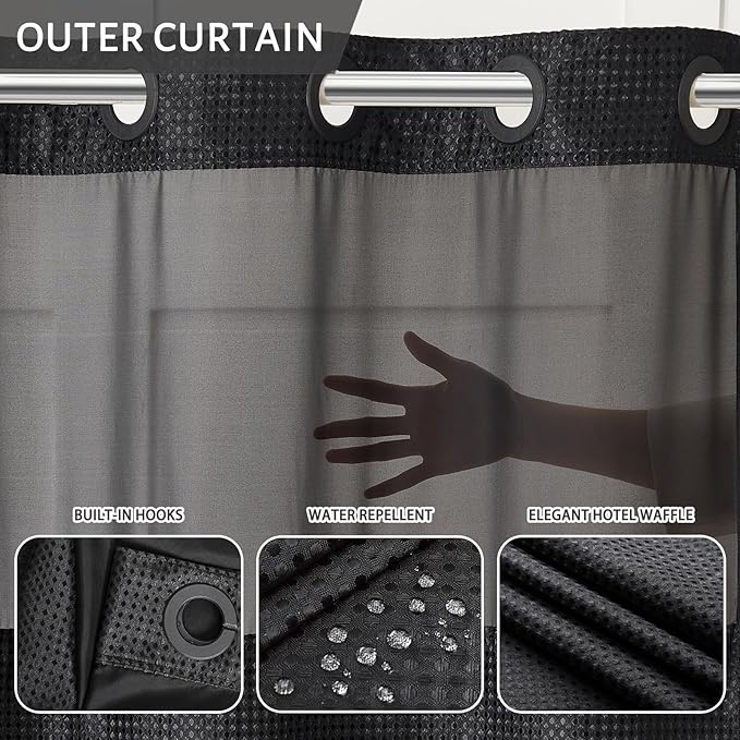 No Hook Hotel Shower Curtain with Detachable Liner,Heavy Duty Waffle Weave Textured Fabric Bathroom Curtain with See Through Window,Waterproof & Machine Washable,Black,71x78 Inch