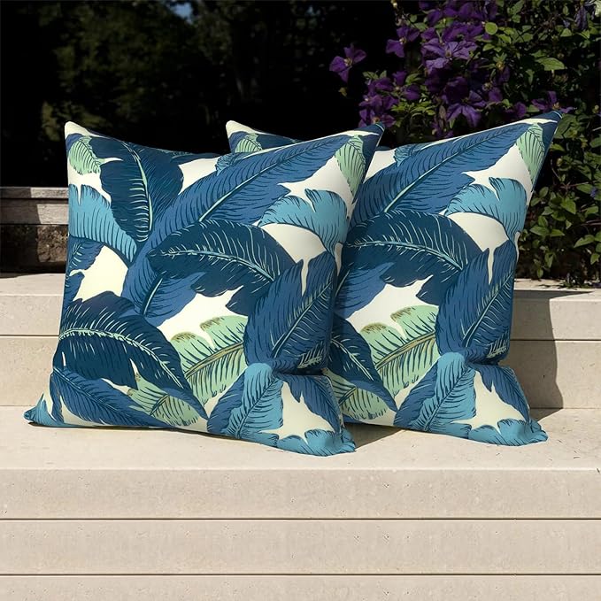 Pack of 2 Patio Throw Pillow Covers ONLY, Water Repellent Cushion Cases 20x20 Inch, Square Pillowcases for Outdoor Couch Decoration, Swaying Palms Blue