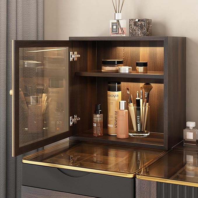 Lartis Vanity with Mirror and Lights Makeup Vanity Table with Stool, 47 inch Black Dressing Table with Dimmable LED Mirror, Ample Storage, Convenient Power Access, Easy Assembly