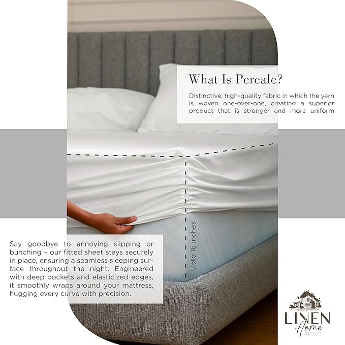 Linen Home 100% Cotton Percale Sheets Queen Size, Snow White, Deep Pocket, 4 Pieces Set - 1 Flat, 1 Deep Pocket Fitted Sheet and 2 Pillowcases, Crisp Cool and Strong Bed Linen