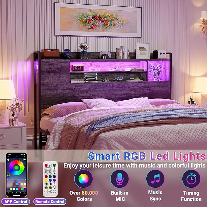 Unikito Headboard for Full Size Bed, Bookcase Style Head Board with Power Outlet and RGB LED Light, Reversible Headboard with Storage, Height Adjustable, Sturdy and Stable, Full Size, Black Oak