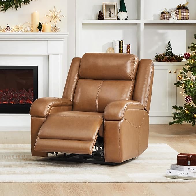 Watson & Whitely Genuine Leather Power Recliner Chairs for Adults, Wall Hugger RV Recliner with Power Headrest & Charging Ports, Electric Recliner Sofa Chair for Living Room, Saddle Brown