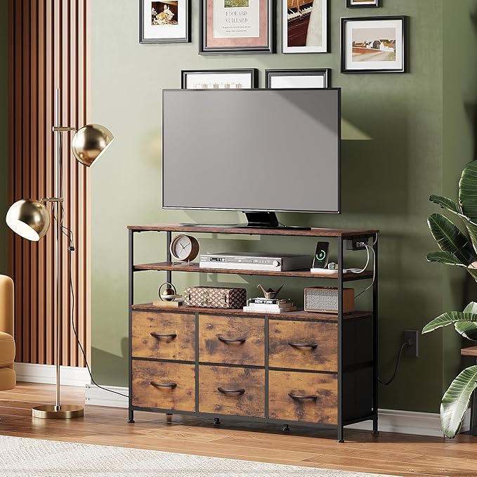 WLIVE TV Stand for 40, 45 inch TV, Entertainment Center with LED Lights & Charging Station, TV Media Console Table with 6 Fabric Drawers and Open Shelves for Living Room, Hallway, Rustic Brown