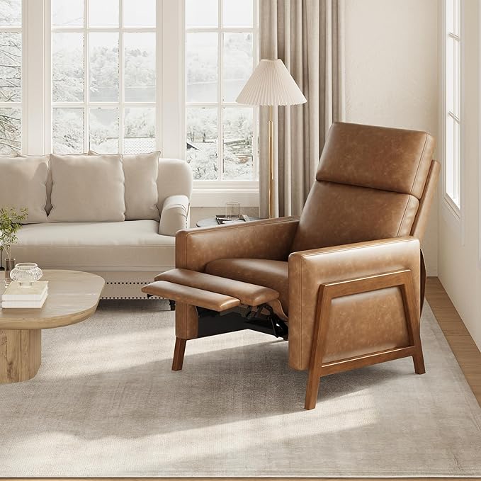COLAMY Push Back Recliner Chair, Upholstered Leather Recliner with Footrest 118-150 Degree Adjustable, Comfy Modern Wingback Recliner for Living Room, Bedroom,Small Spaces,Cocoa