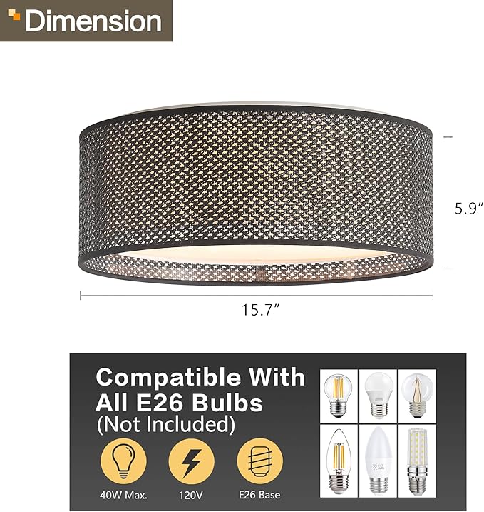 WINGBO 15.7" Modern 3-Light Flush Mount Ceiling Light Fixture with Fabric & Acrylic Double Drum Shade for Bedroom Living Room Dining Room Hallway Entryway, Black