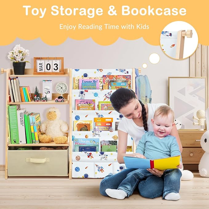 Kids Bookshelf and Toy Storage Organizer Wooden 2 in 1 Toddler Bookcase-4 Tier Book Shelf with Toy Box for Kids Room,Nursery,Playroom