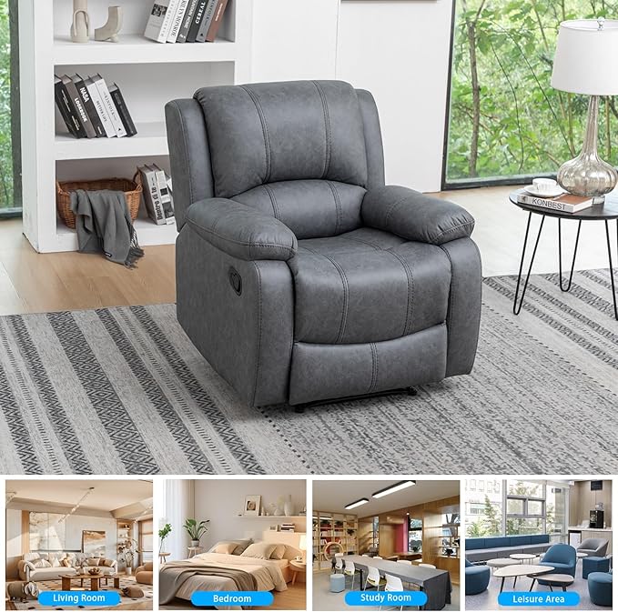 Manual Recliner Chair for Adults, Reclining Chairs, Breathable Leather Single Sofa with Adjustable Backrest, Modern Push Back Wingback Lounge Armchair for Living Room (Grey)