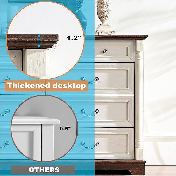 Farmhouse 9 Drawer Dressers for Bedroom, 54" Wood Dresser with Deep Drawers & Roman Column, Big Chest of Drawers for Living Room, Hallway, Antique White