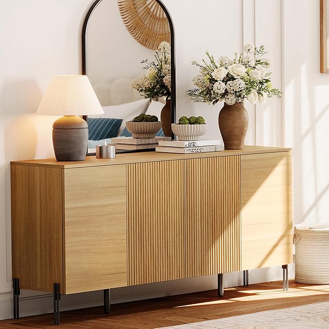 WAMPAT 61.6" TV Stand Cabinets for TVs up to 75 Inches, Entertainment Center with Storage Cabinets and 4 Doors, Mid Century Modern Media TV Console Table for Living Room Bedroom, Oak