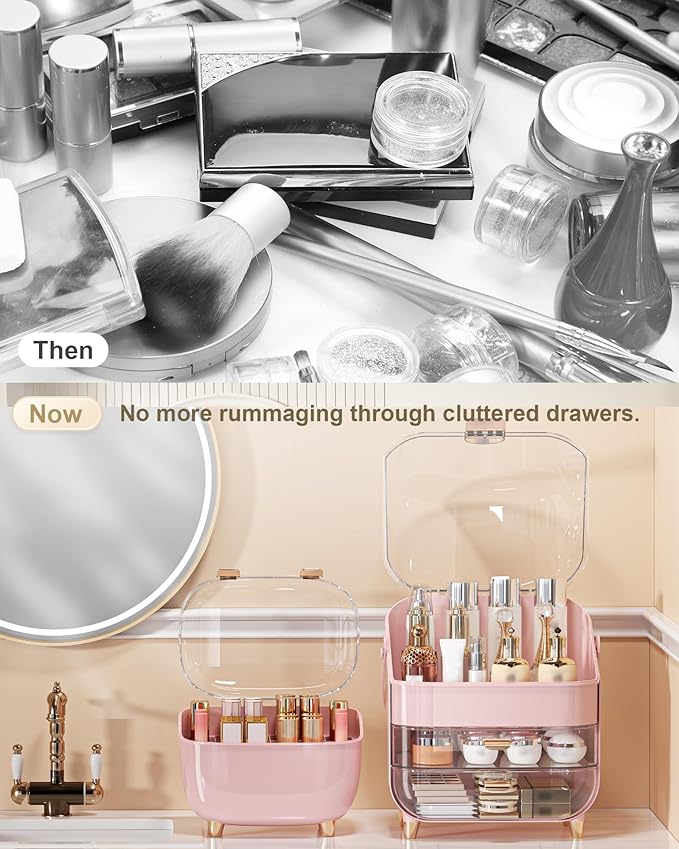 Makeup Organizer with Lipstick Holder, Skincare Organizers Storage Box Cosmetic Display Cases, Teen Girl Gifts Make up Organizers for Vanity, Dresser, Countertop, Bathroom(Pink)