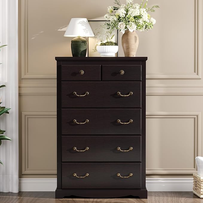 Farmhouse 6 Chest of Drawers for Bedroom, 48" Tall Wood Dresser with Bronze Retro Handles & 3D Drawer Fronts, Rustic Closet Dresser for Bedroom, Hallway, Espresso