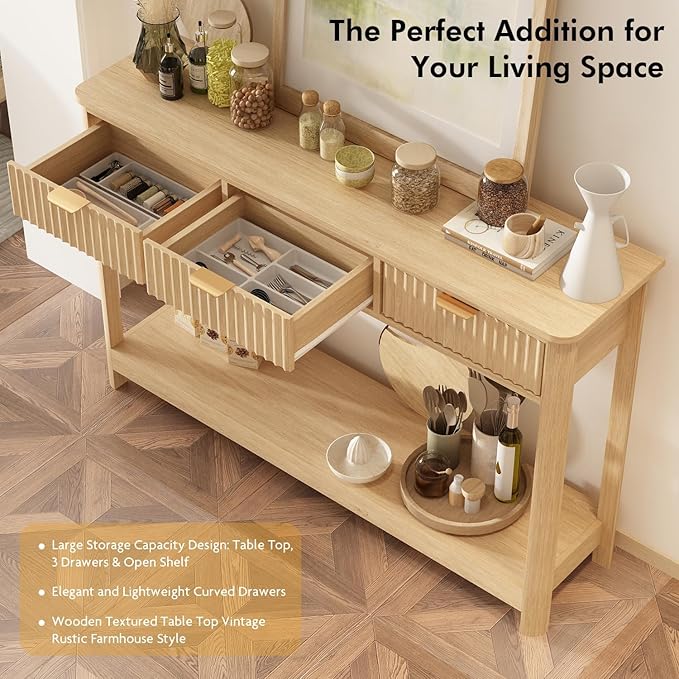 RUSTOWN Fluted Wood Console Table with 3 Drawers, Boho Narrow Behind Couch Entryway Table with Open Storage Shelf, Modern Sofa Table for Living Room, Foyer and Hallway (Natural Wood)