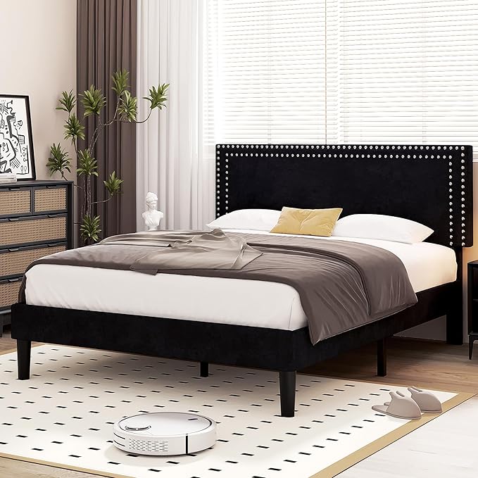 VECELO Full Size Bed Frame with Adjustable Upholstered Headboard, Wooden Slats Platform, Noise-Free Design, Easy Assembly