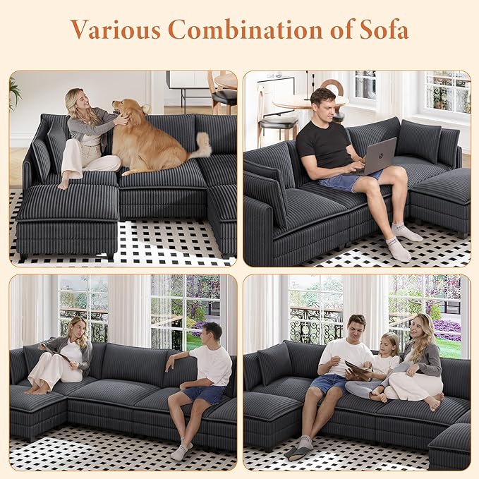 Vesgantti 143" U Shaped Sectional Modular Couch, Comfy Corduroy Upholstered Modular Cloud Sofas for Living Room, Modern Sectional Sofa with 2 Ottoman Deep Seat, Dark Grey