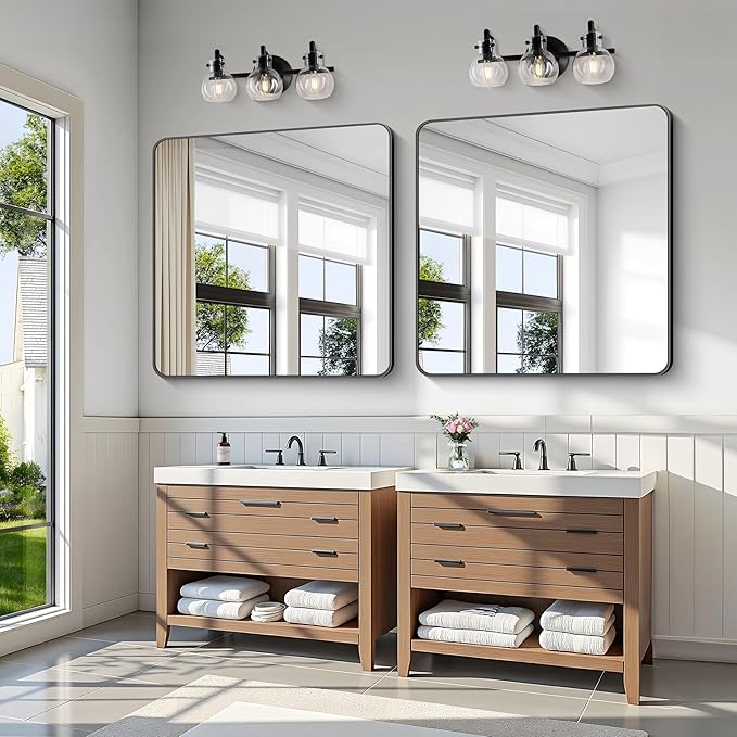 KOCUUY 42"x42" Large Square Vanity Mirror, Black Metal Frame Mirror with Rounded Corner, Modern Design of Upgraded Shatterproof Glass for Bathroom, Bedroom, Living Room, Entryway