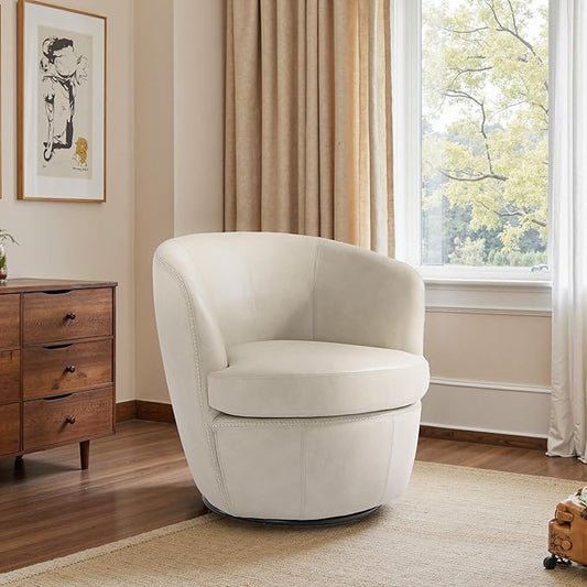 Swivel Barrel Chair, Modern Round PU Leather Accent Armchair for Living Room, Bedroom, Comfy Club Reading Chairs for Adults (Leather Beige, Set of 1)