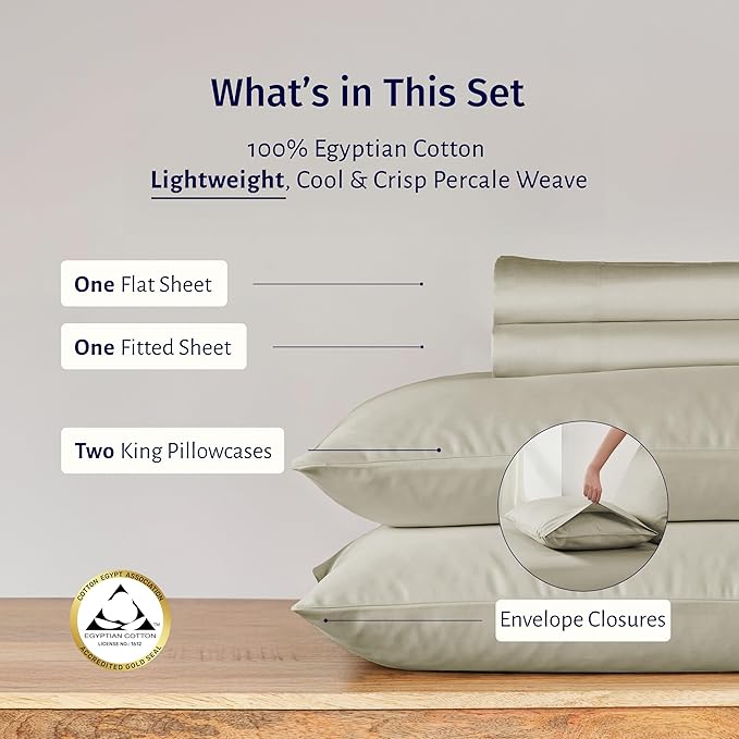 California Design Den Certified 100% Egyptian Cotton Percale Sheets King Size Set - Deep Pocket Bed Sheets Egyptian Cotton Set, Cool, Crisp & Durable Luxury Bedding Set - Beige