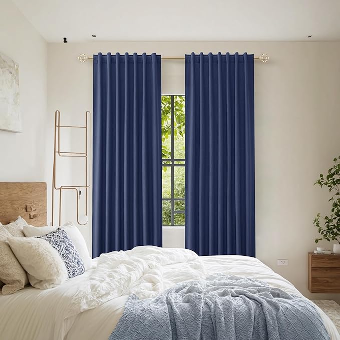 Guken Blackout Curtains 63 Inch Length 2 Panels Set for Living Room Bedroom Back Tab Thermal Insulated 100% Black Out Linen Drapes Room Darkening Window Curtains 63 Inches Long,Classic Blue