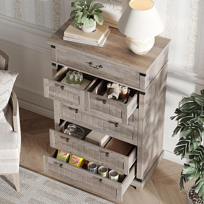 Maupvit Farmhouse 7 Drawer Dresser for Bedroom, 47" Tall Dresser Wood Chest of Drawers, Organizer Drawers for Bedroom, Living Room, Storage Room, Rustic Grey