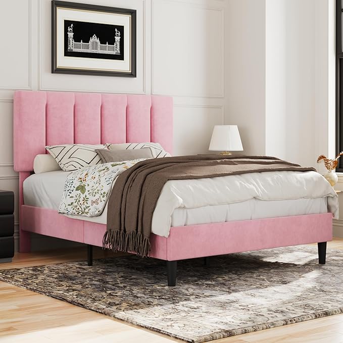 VECELO Queen Bed Frame with Upholstered Headboard, Heavy-Duty Platform Bedframe with Strong Wooden Slats Support, No Boxing Spring Needed, Pink